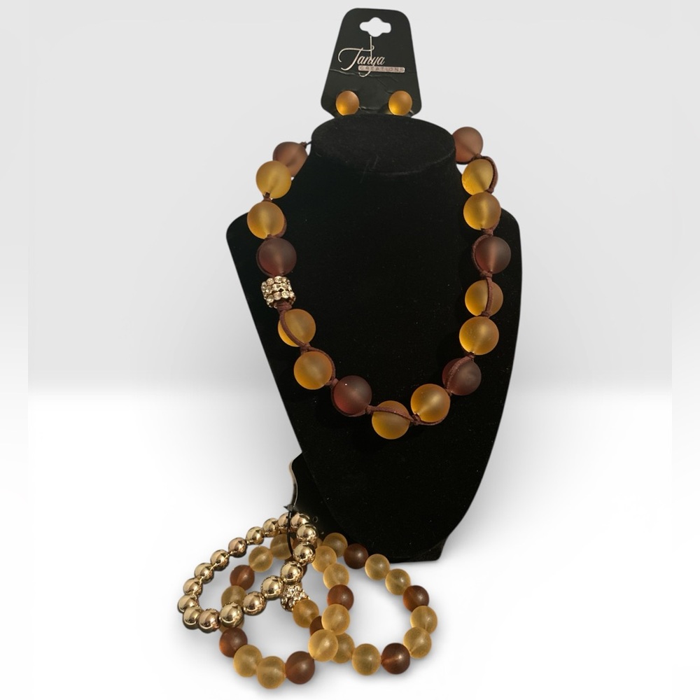 NWT Frosted Amber & Brown Beaded Jewelry Set - Necklace, Bracelets & Earrings